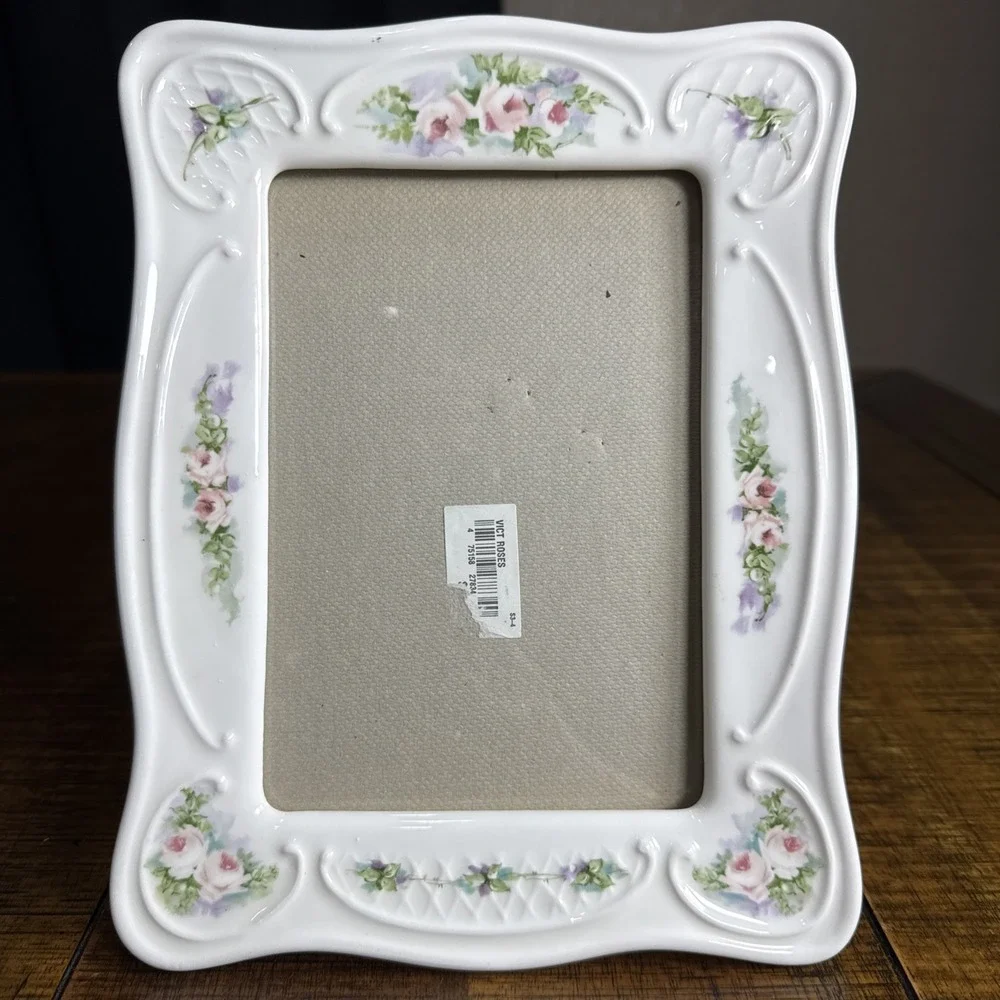 Vtg Ceramic Floral Picture Frame Pink Purple Green Flowers 3D 4.5
